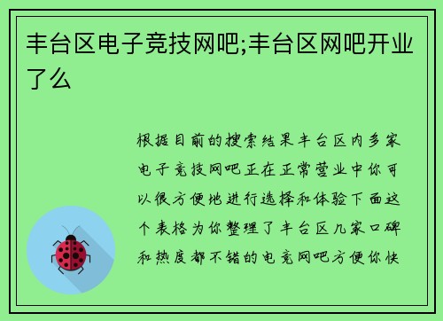丰台区电子竞技网吧;丰台区网吧开业了么